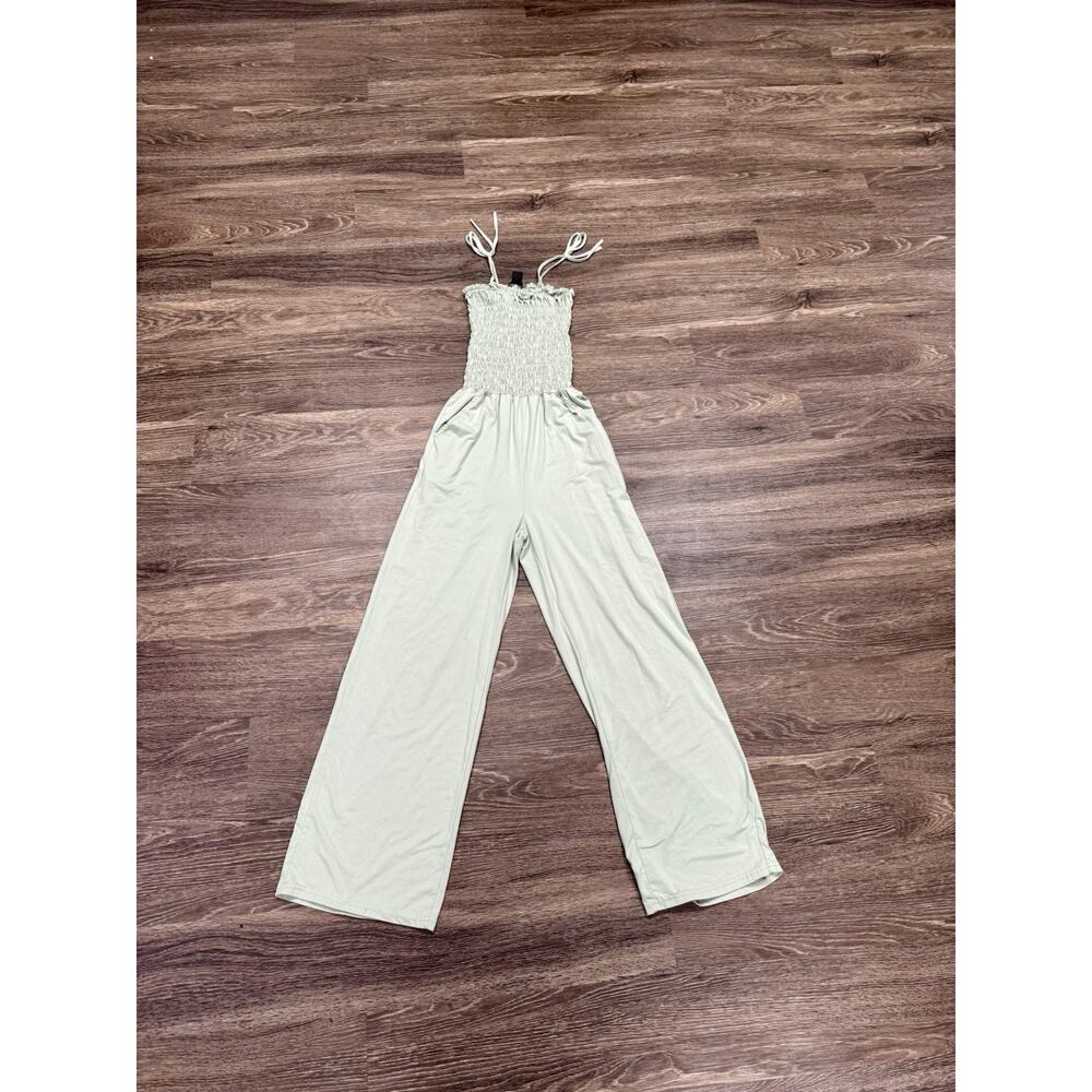 C-Mode Smocked Jumpsuit Womens L Sage Green Wide Leg Tie Strap Casual Boho